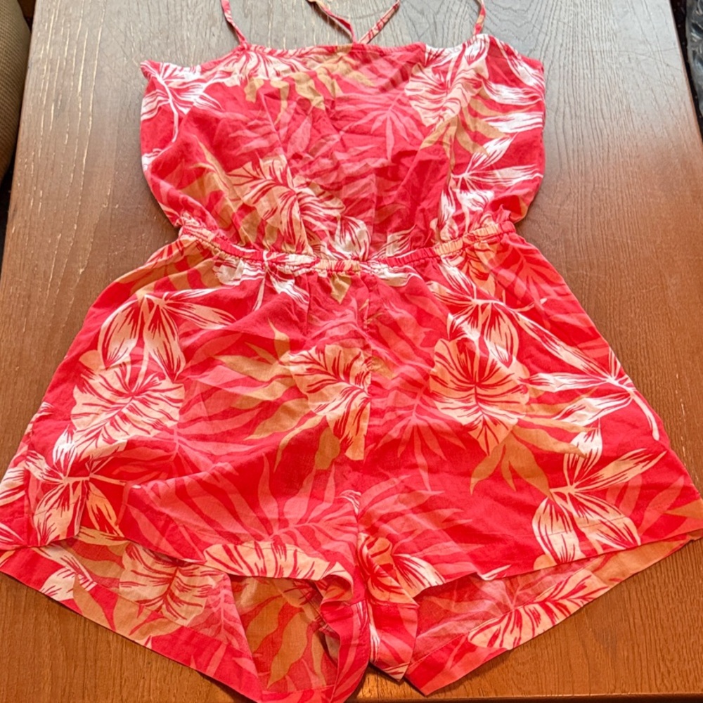 Roxy Red Tropical Floral Spaghetti-Strap One-Piece Romper